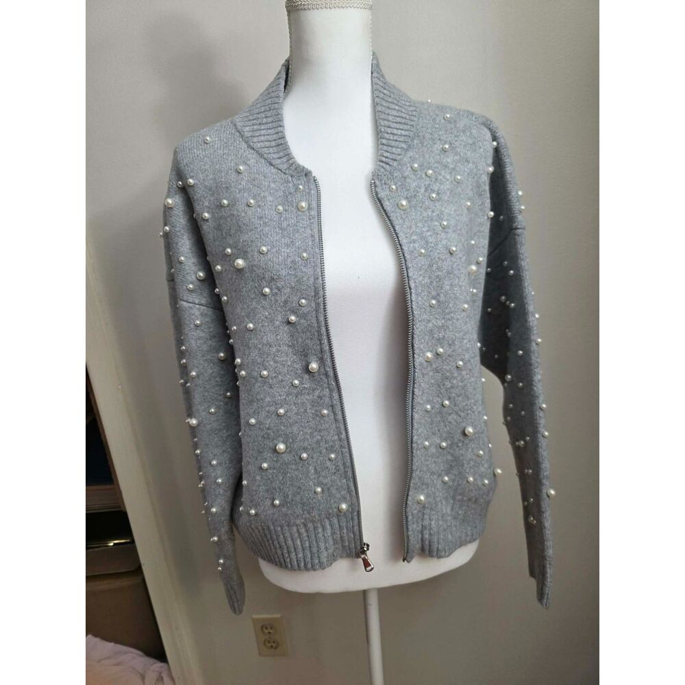 Nine West Pearl Embellished Sweater Jacket Womens L Gray Full Zip Chunky Knit